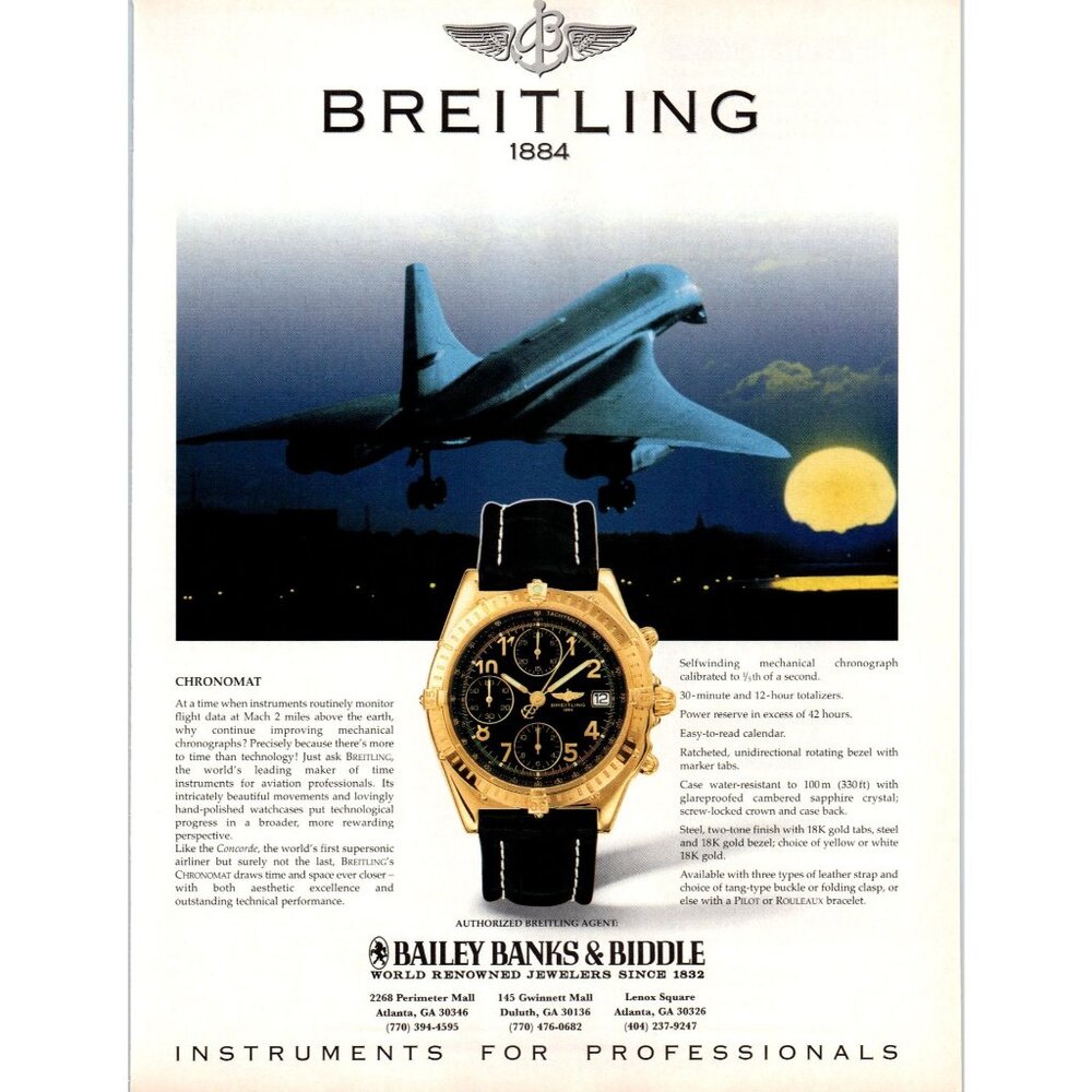 1996 Breitling 1884 Chronomat Watch Vintage Print Ad Concorde Flight AvGeek Art